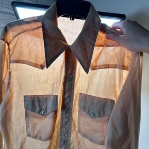 Vintage Sears Western Wear Shirt Medium Tan Paper Thin Pearl Snap 70s Cowboy